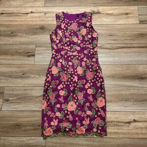 Women's Badgley Mischka Sheath Dress SZ 8 Purple Floral Overlay Sleeveless